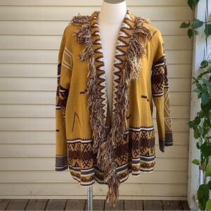 CATO Aztec Southwest Waterfall Sweater Cardigan XL Mustard Yellow Cowgirl Duster